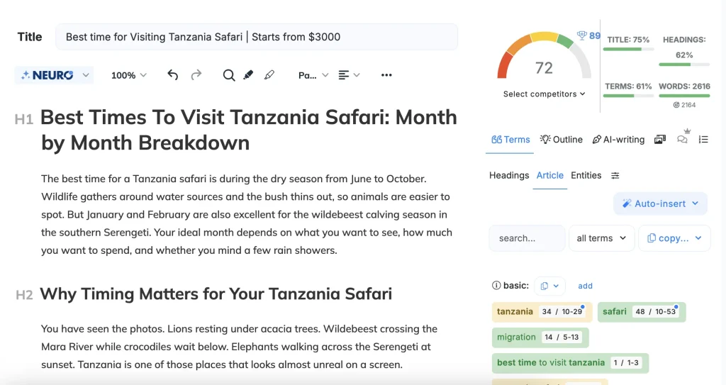 entity optimization for travel content writing