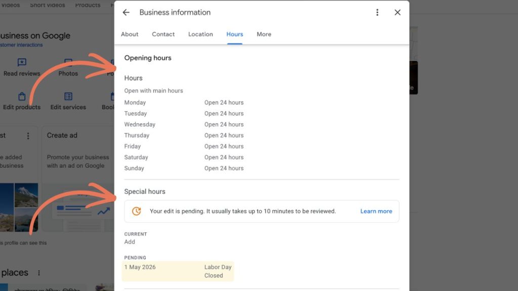 gbp optimization for travel business opening hour