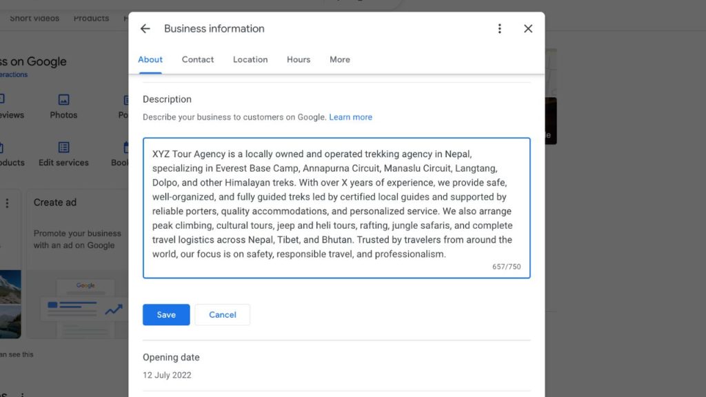 google business profile description optimization for tour operator